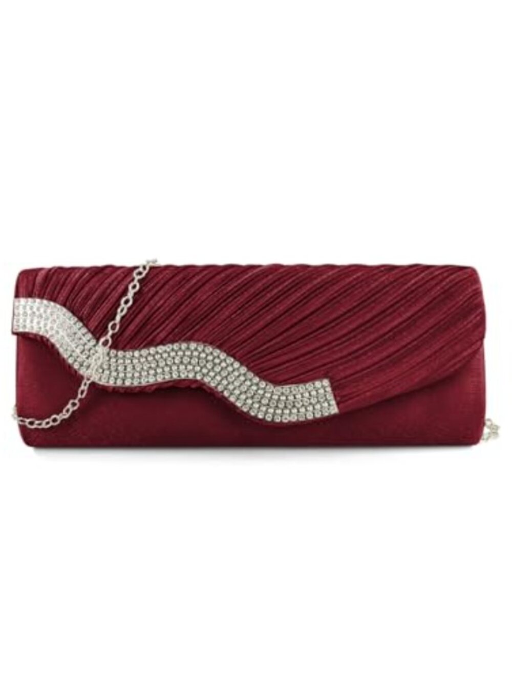 Wavy Pleat Flash Drill Satin Evening Clutch with Detachable Chain